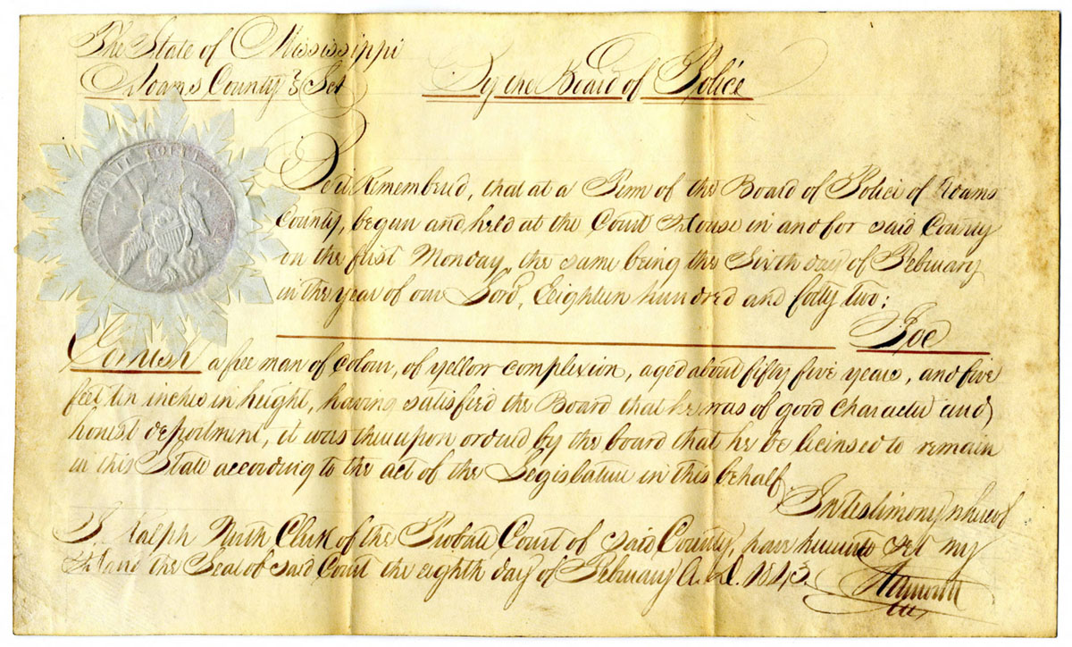 This document, issues by the Board of Police of Adams County, enabled the recipient, a free man of color named Joe Cornish, to remain in the county. The document provides a physical description of Mr. Cornish, and attests to his good character. The importance of the document is in part conveyed by the materials used to create it: thick vellum, and the official seal of the Adams County Board of Police.