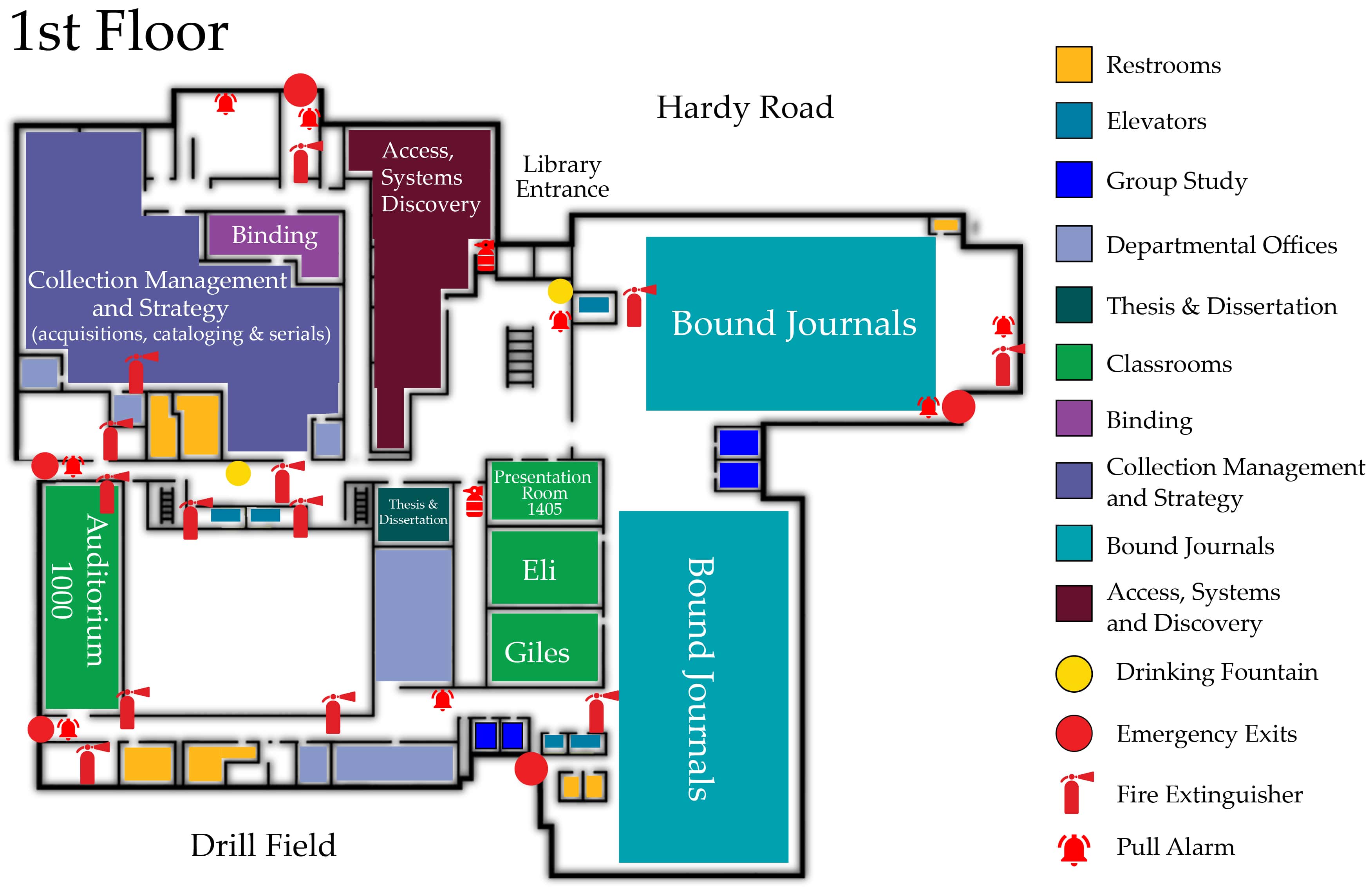 Floor plan for first floor of Mitchell Memorial Library