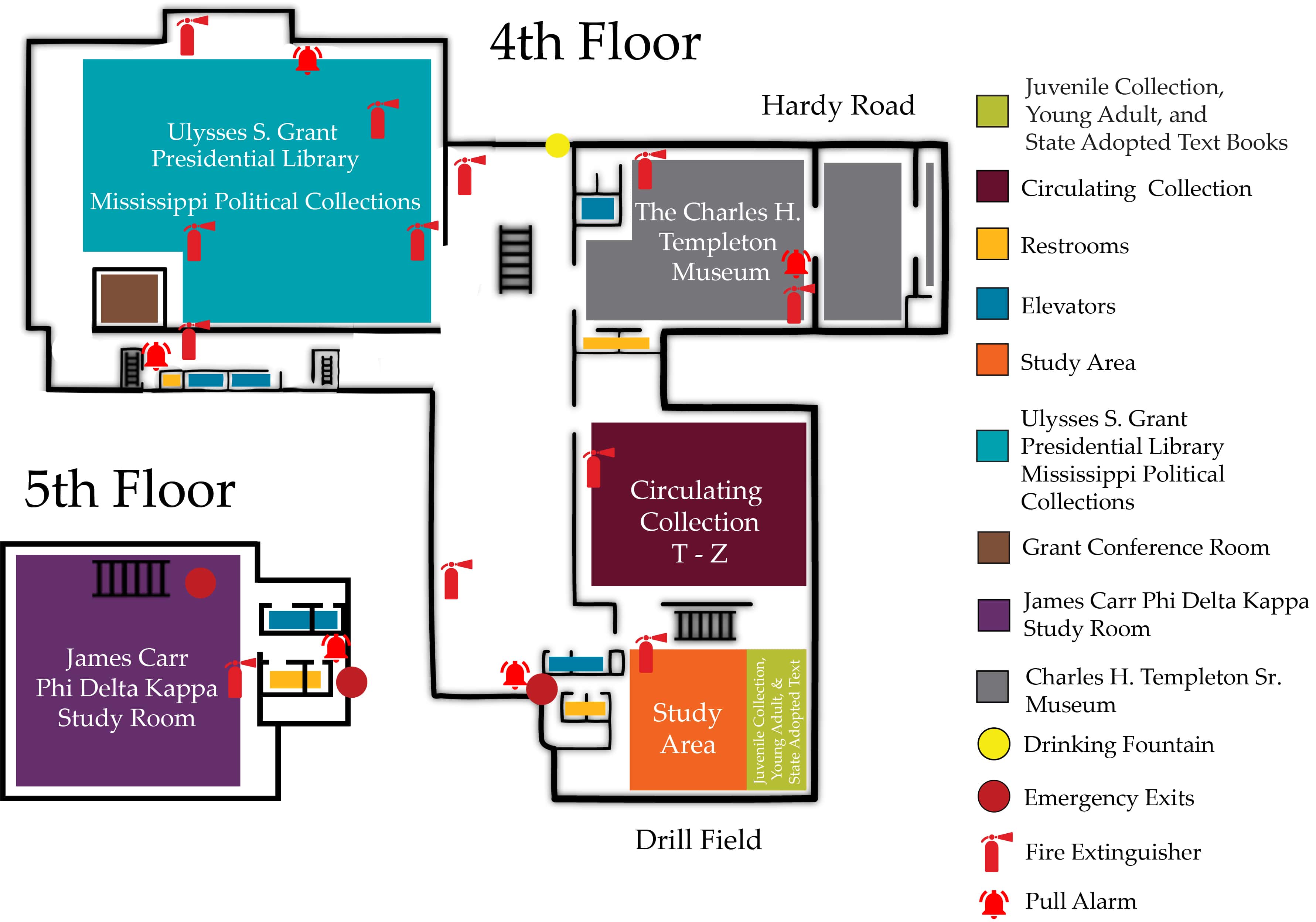 Floor plan for the fourth and fifth floors of Mitchell Memorial Library