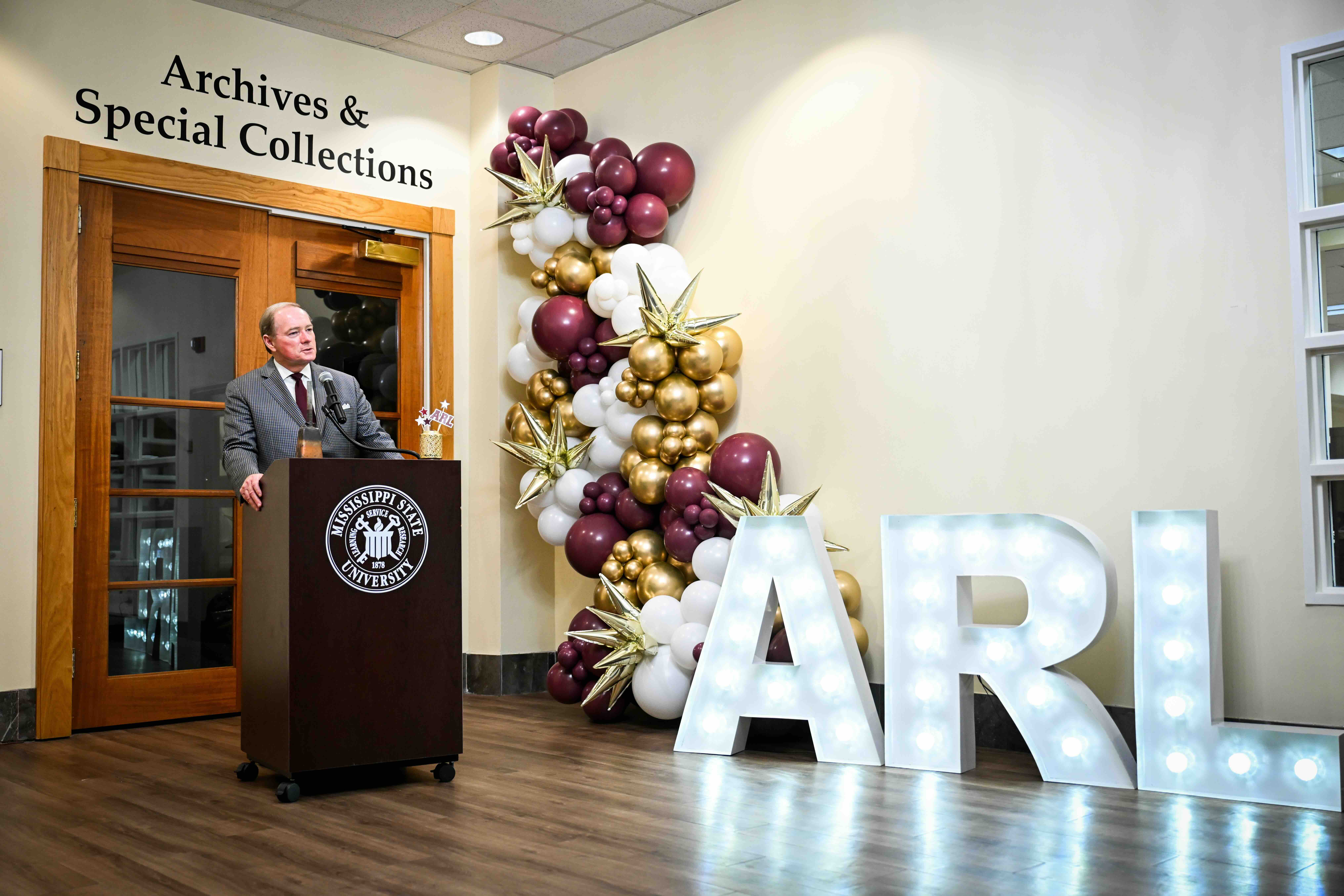Mississippi State University President Mark E. Keenum delivers remarks during the MSU Libraries Association of Research Libraries membership celebration in Archives & Special Collections.