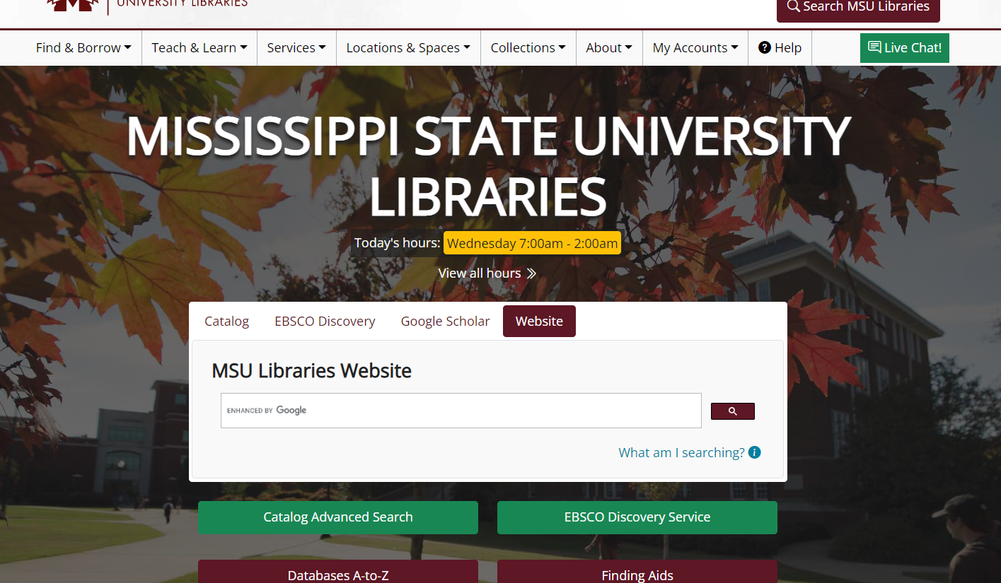 Screenshot of MSU Libraries' homepage, highlighting the MSU Website search function.