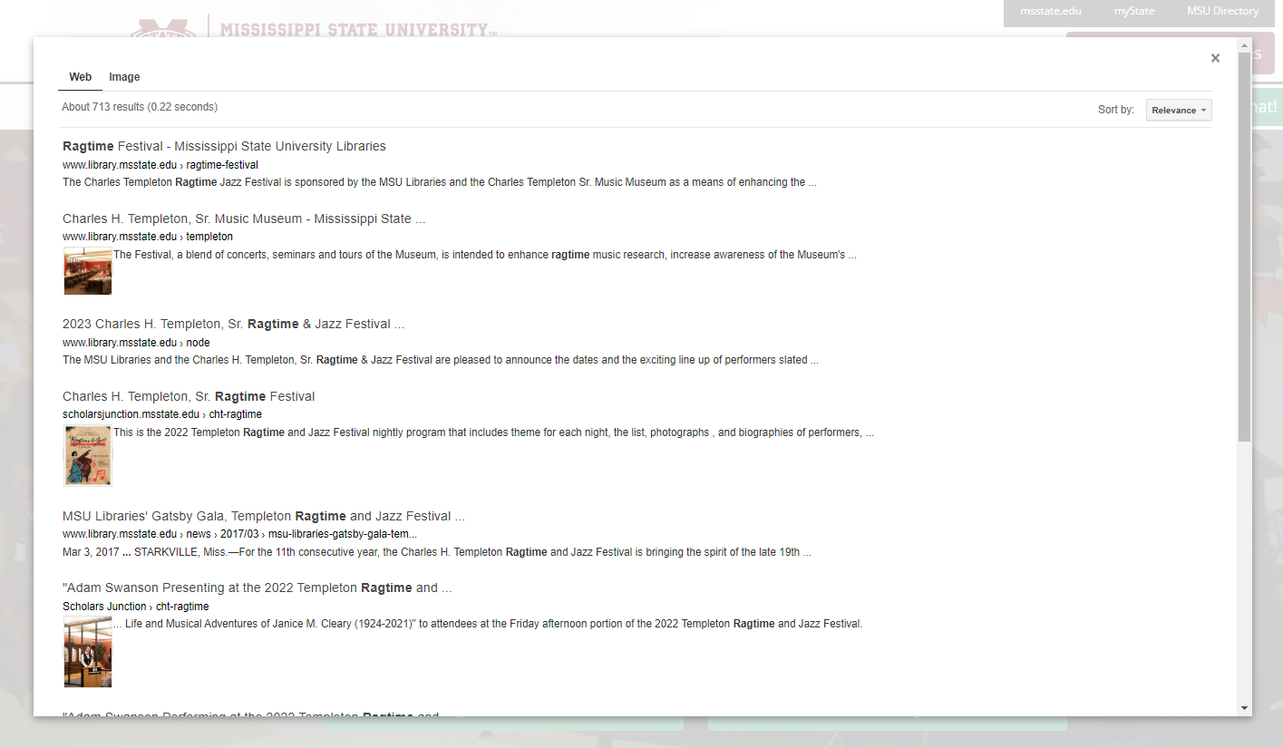 Screenshot of results of a search for "ragtime" in the new MSU Libraries search box.