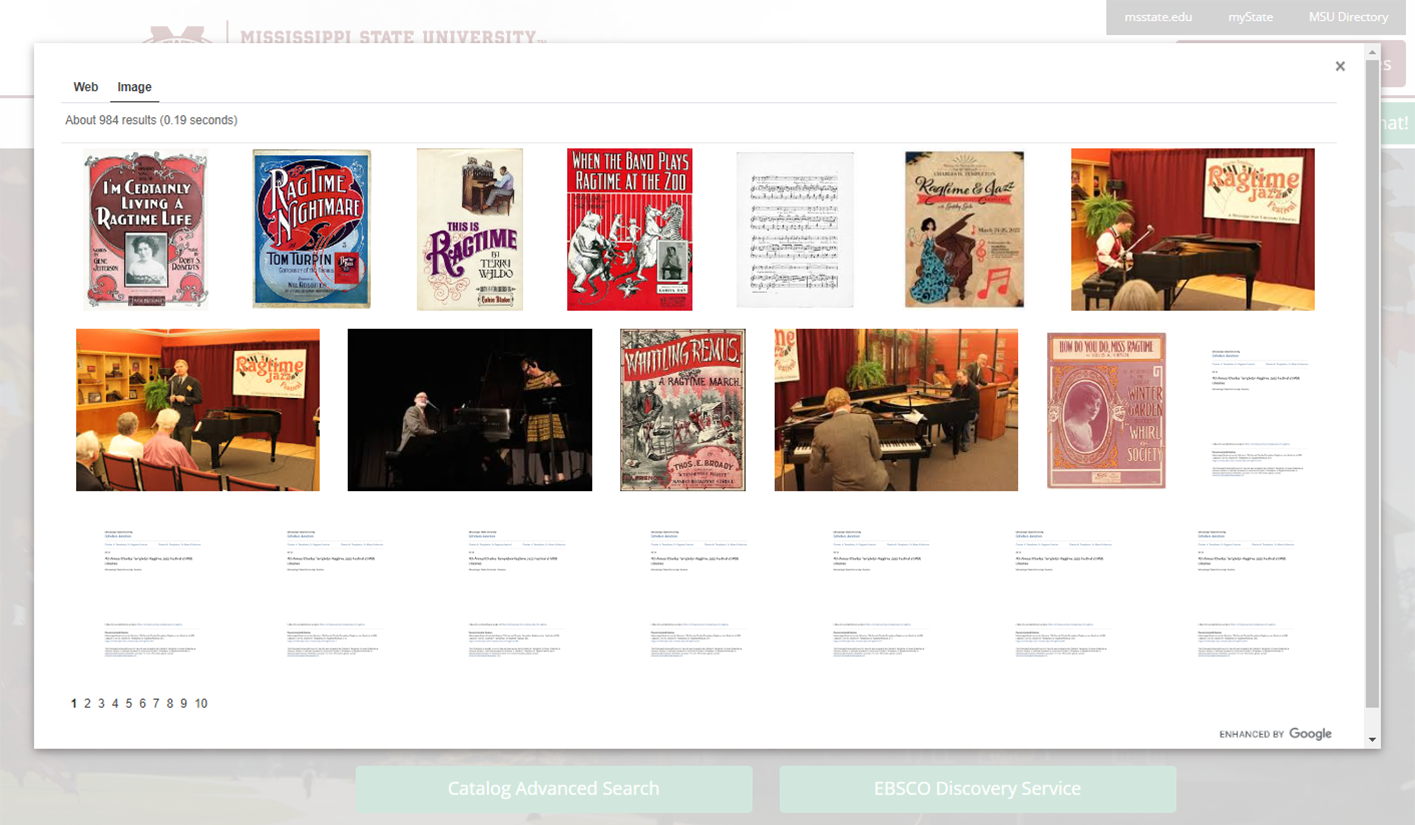 Screenshot of image results page from a search for "ragtime" in the MSU Libraries website search box.
