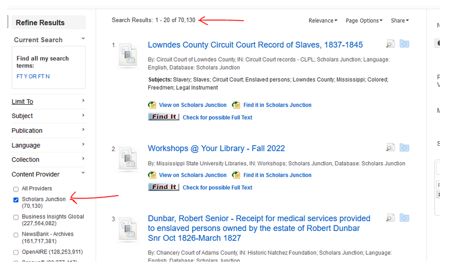 Screenshot of a search for 'Lowndes County' in EBSCO Discovery, limited to the Scholars Junction content provider.