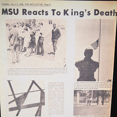 Image of a page from the April 9, 1968 issue of The Reflector, titled "MSU Reacts to King's Death."