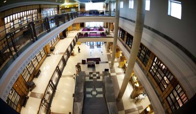 View from the top of the atrium of Mitchell Memorial Library.