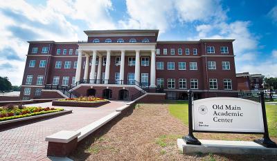 The front walkway and entrance to the Old Main Academic Center.